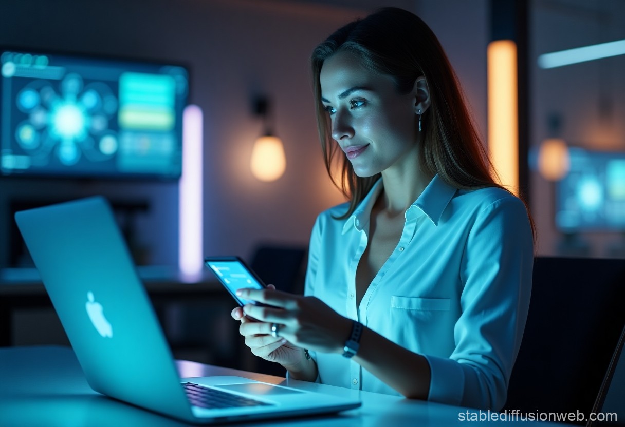 Illustration of a futuristic AI assistant managing tasks and schedules on various devices.