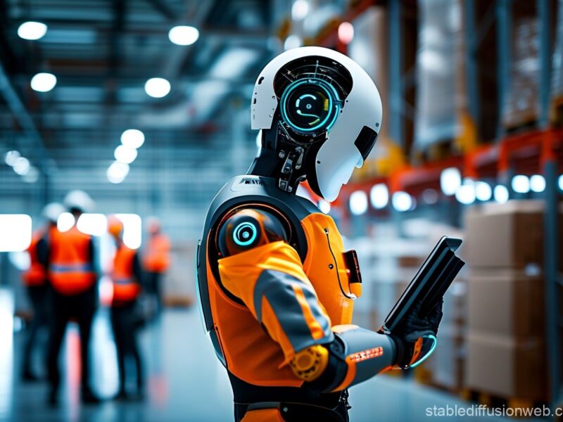 Humanoid robot in a factory environment, surrounded by workers, emphasizing safe human-robot interaction