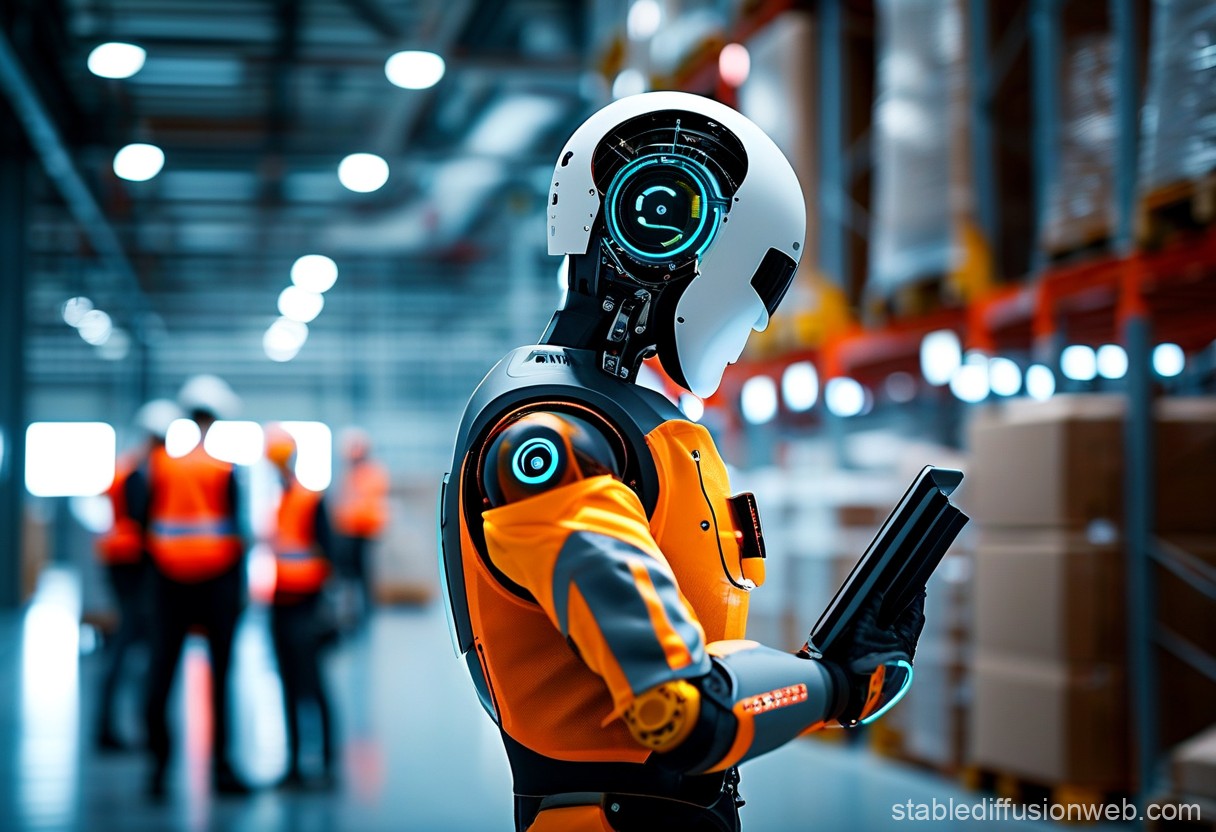 Humanoid robot in a factory environment, surrounded by workers, emphasizing safe human-robot interaction