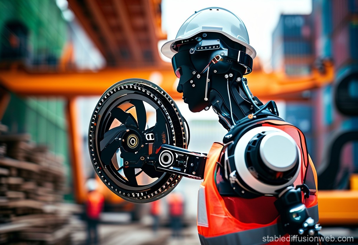 The German Bionic Apogee Ultra robotic exoskeleton in action, assisting a construction worker with lifting heavy materials.