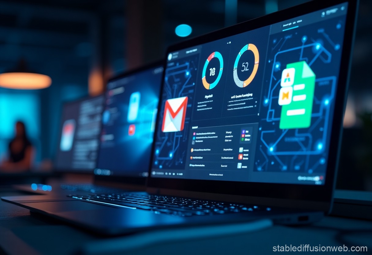 Illustration of Google Workspace apps, with AI icons representing enhanced features like email summaries, meeting notes, and spreadsheet automation.