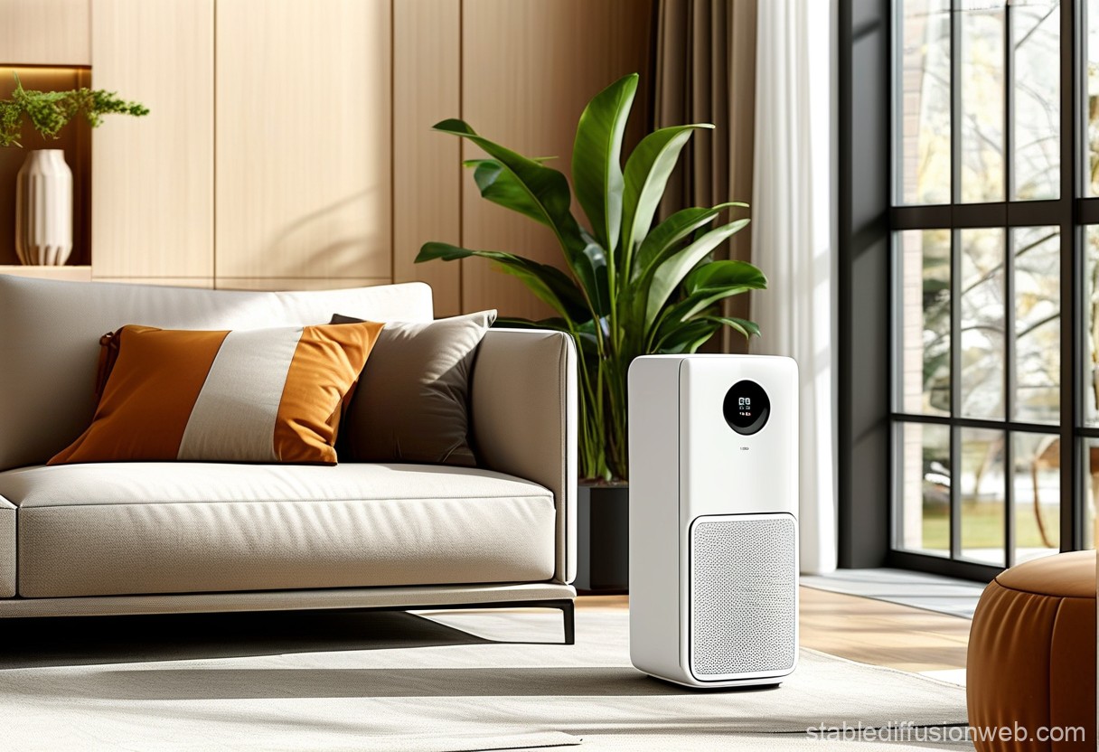 "A modern smart air purifier in a cozy living room, surrounded by clean and fresh air, with minimalist furniture and warm lighting, emphasizing comfort and well-being."