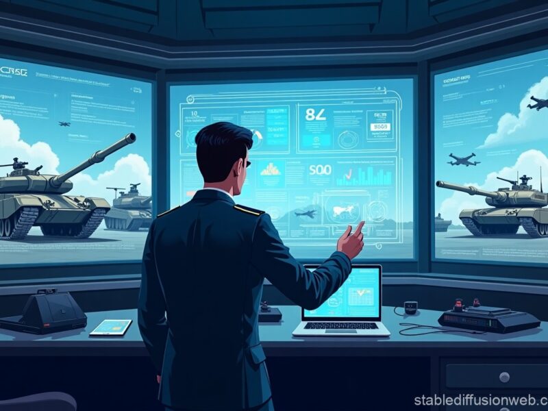 Illustration of a military officer interacting with an AI interface, with high-tech displays and military assets in the background, symbolizing the collaboration between AI and defense systems.