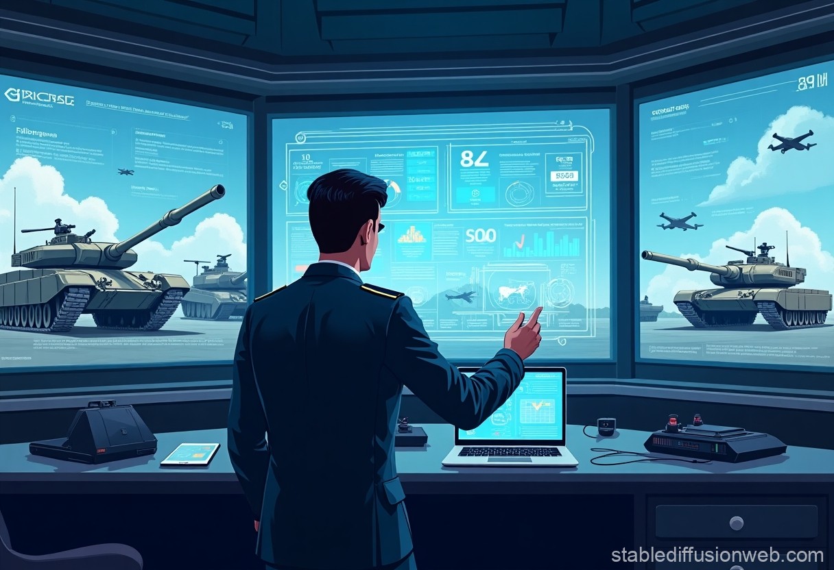 Illustration of a military officer interacting with an AI interface, with high-tech displays and military assets in the background, symbolizing the collaboration between AI and defense systems.