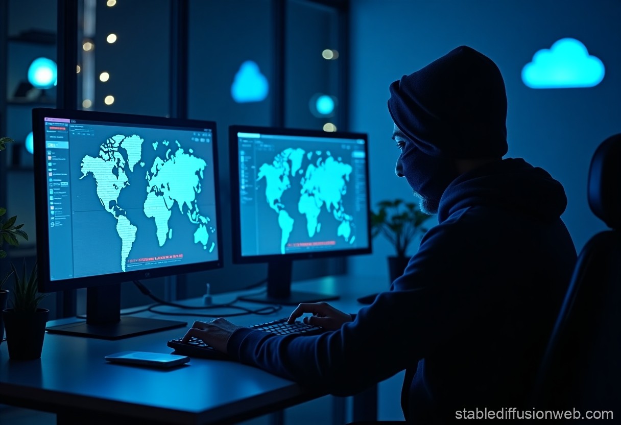 A visual representation of cybersecurity and AI, featuring a hacker’s desk and Microsoft Azure icons