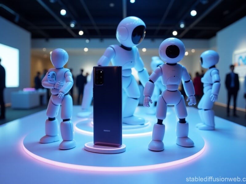 Samsung's AI Subscription Club featuring the Galaxy smartphone and Ballie AI robot on a futuristic, minimalist display.