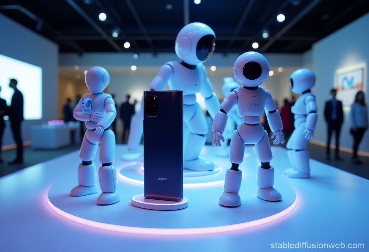 Samsung's AI Subscription Club featuring the Galaxy smartphone and Ballie AI robot on a futuristic, minimalist display.