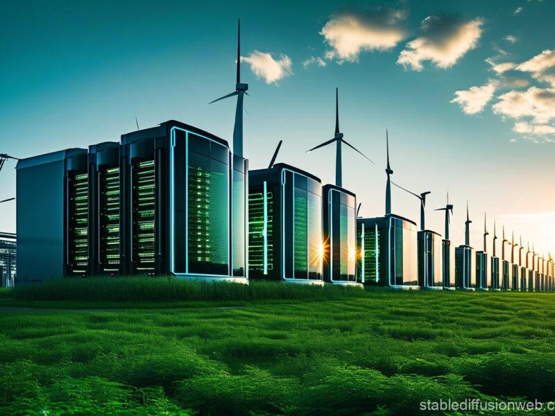 A conceptual image of a massive data center facility with advanced AI infrastructure and renewable energy sources.