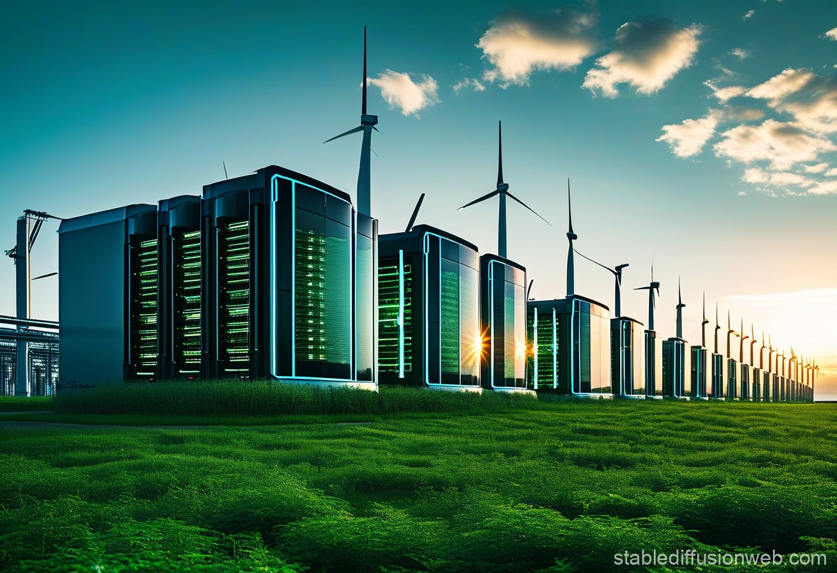 A conceptual image of a massive data center facility with advanced AI infrastructure and renewable energy sources.