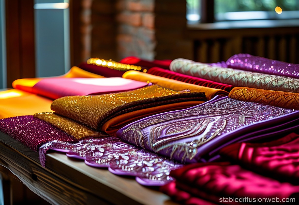 An image of various reflective and ornamental fabrics, including velvet, chenille, and tapestries.