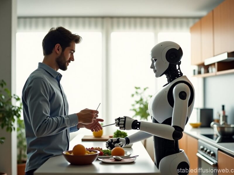 A futuristic home setting featuring a humanoid robot assisting a human with household chores like cleaning and cooking.