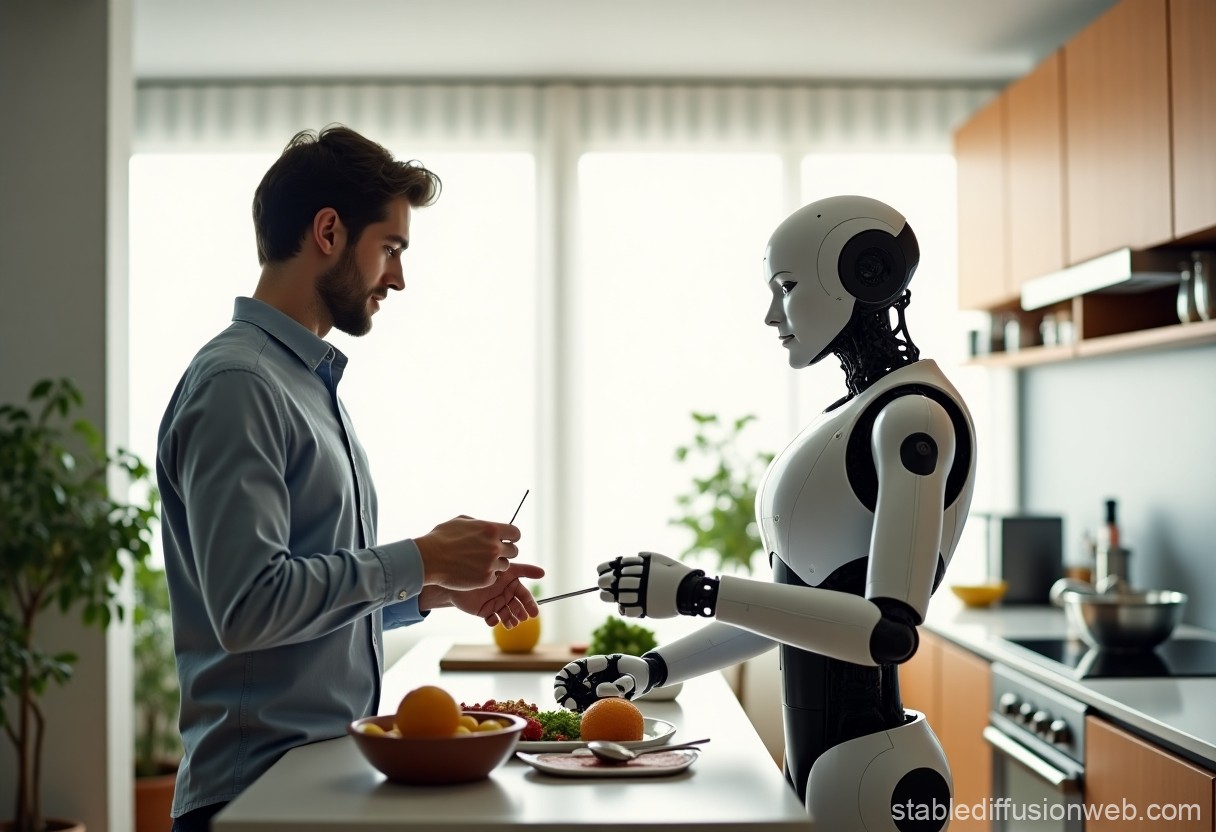 A futuristic home setting featuring a humanoid robot assisting a human with household chores like cleaning and cooking.