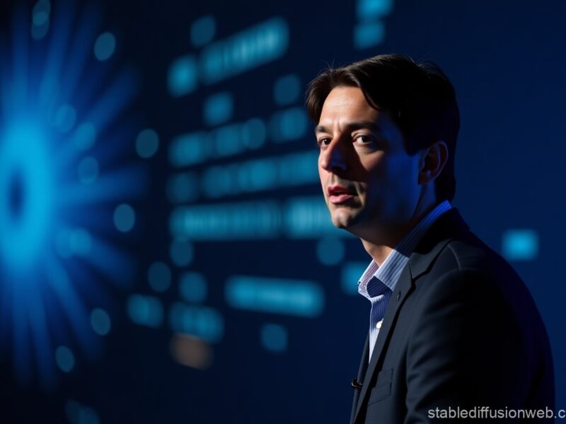 Google co-founder Sergey Brin speaking at a tech event with AI-themed visuals