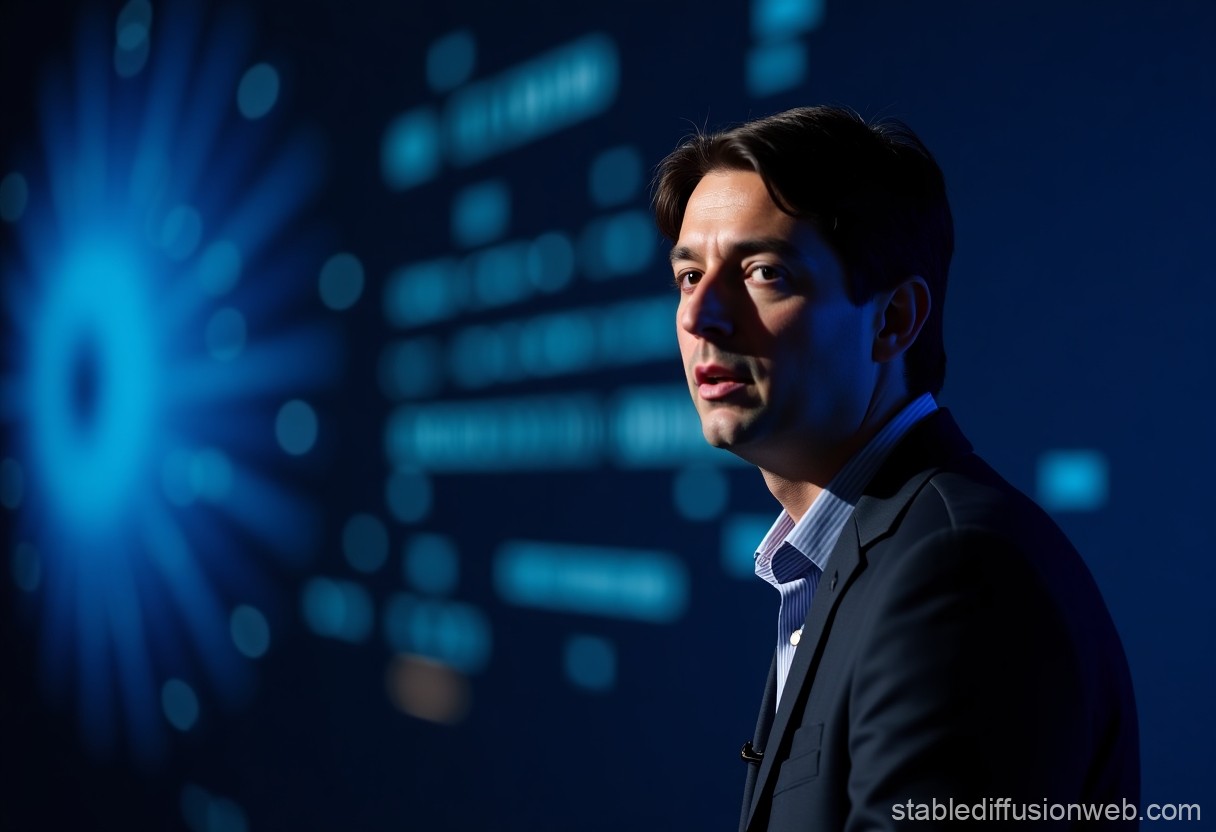 Google co-founder Sergey Brin speaking at a tech event with AI-themed visuals