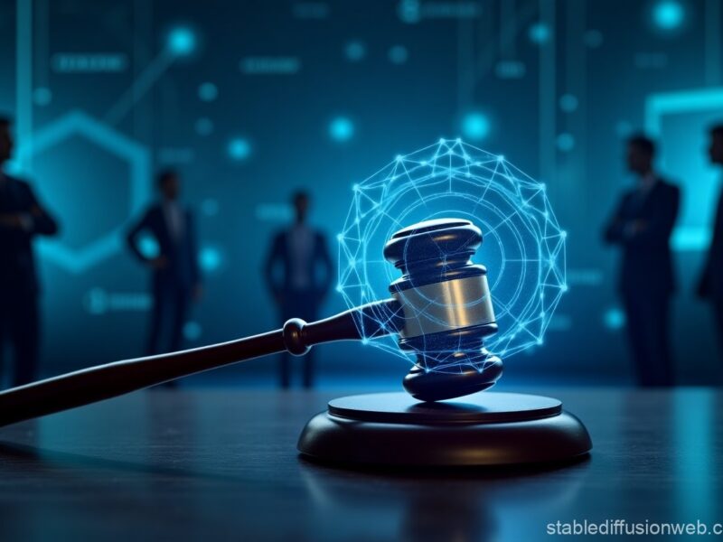 A gavel and AI-themed digital elements symbolizing the legal battle over OpenAI's corporate structure