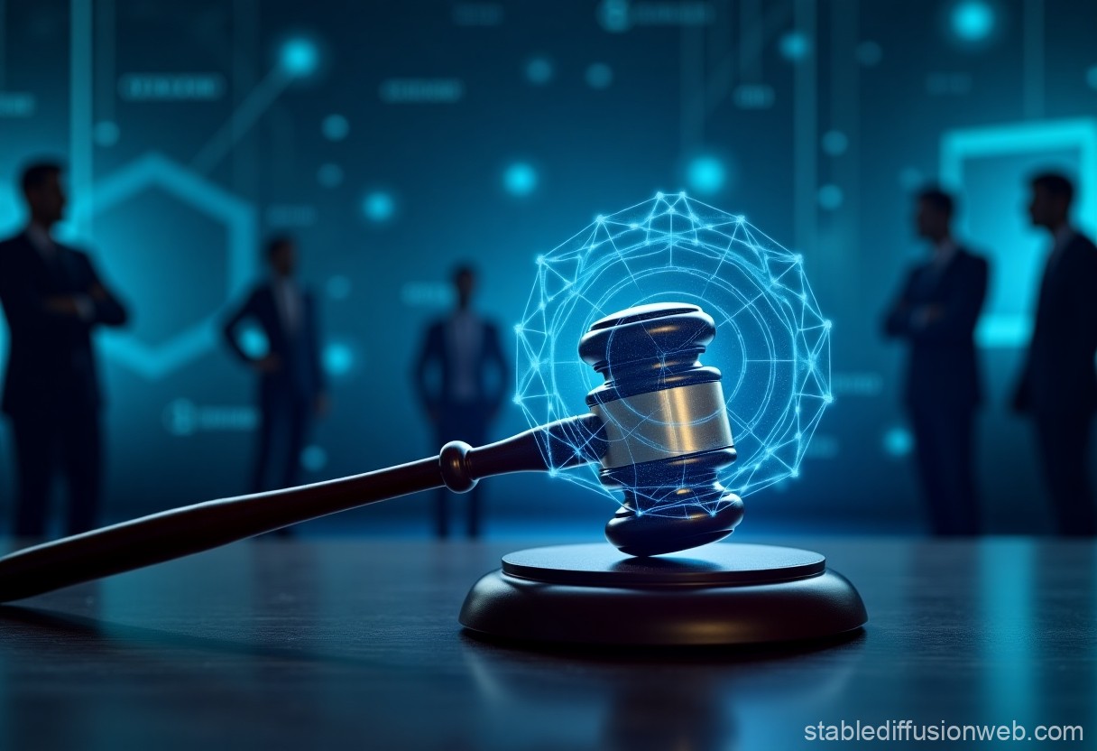 A gavel and AI-themed digital elements symbolizing the legal battle over OpenAI's corporate structure