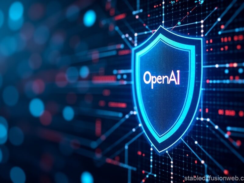 OpenAI logo with a cybersecurity shield, symbolizing protection against AI misuse.