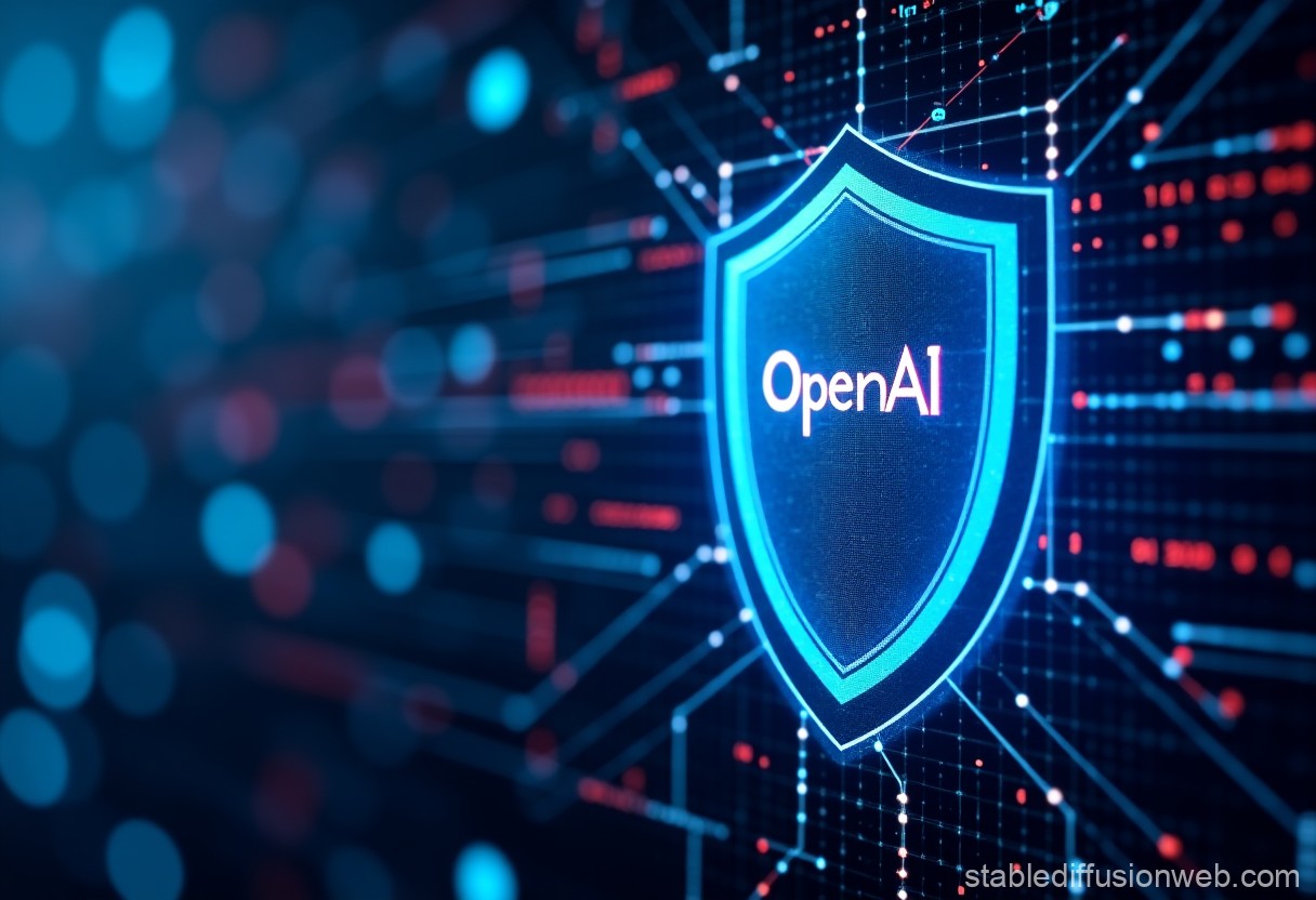 OpenAI logo with a cybersecurity shield, symbolizing protection against AI misuse.