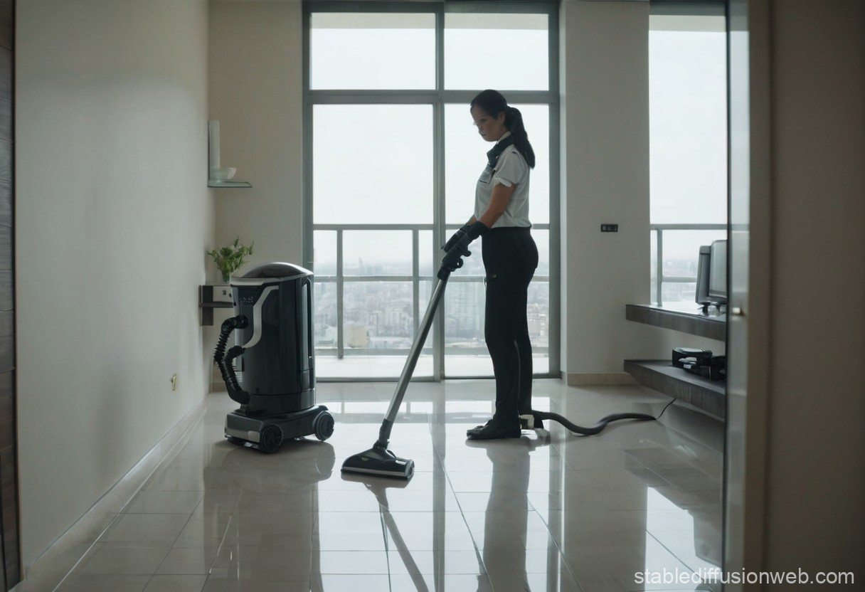 A professional housekeeper using AI-powered tools in a modern apartment